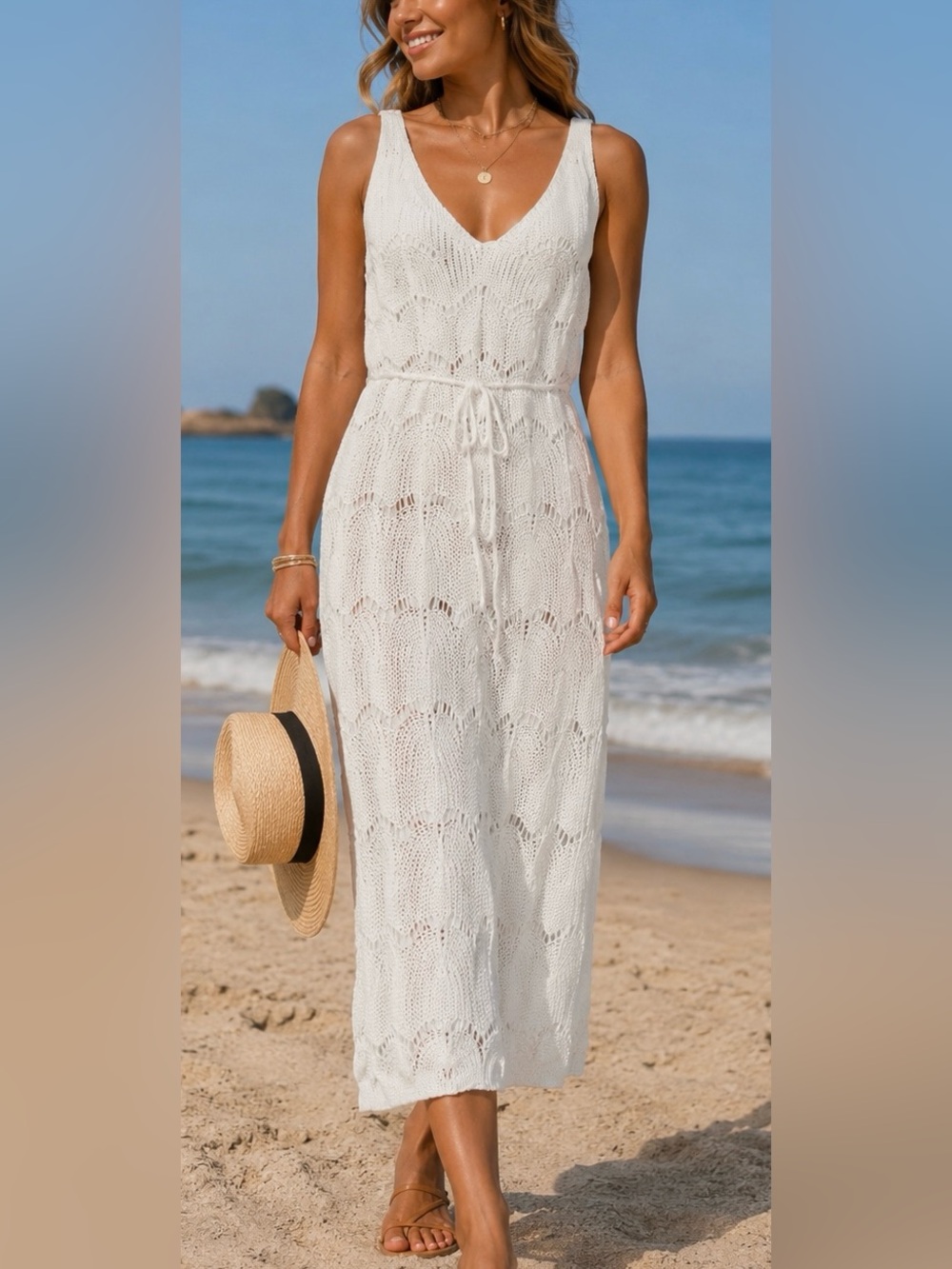 NWT Cupshe White Crochet Knit Beach Cover Up Dress Swim Cover Size M